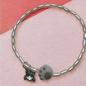 Hand Crafted White Pearl Bead Bracelet with Teal Cat Paw Charm